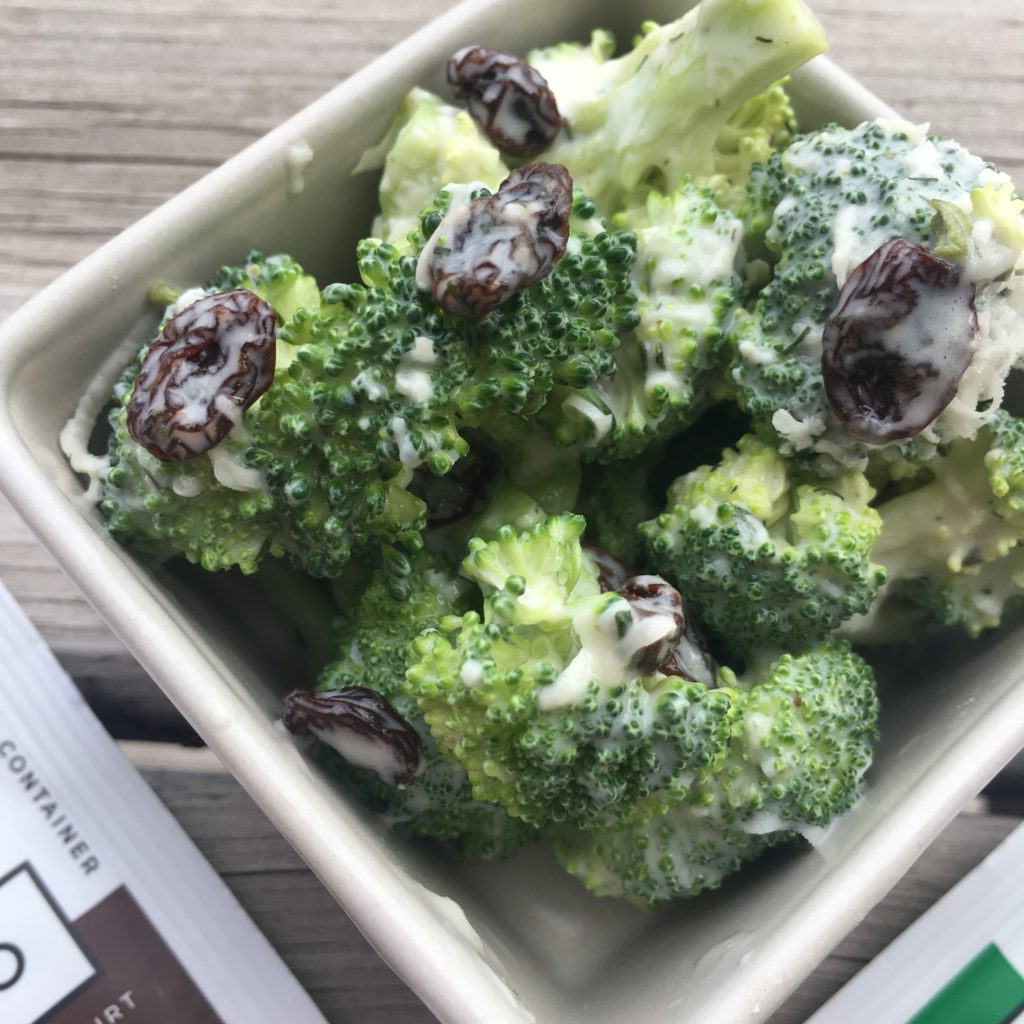 broccoli, no mayo, like mayo, dressing, salad, healthy, low calorie, low carb, high protein, raisins, pram cheese, almond, silk, weight watchers, get fit