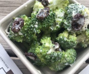 broccoli, no mayo, like mayo, dressing, salad, healthy, low calorie, low carb, high protein, raisins, pram cheese, almond, silk, weight watchers, get fit