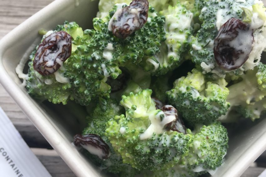 broccoli, no mayo, like mayo, dressing, salad, healthy, low calorie, low carb, high protein, raisins, pram cheese, almond, silk, weight watchers, get fit