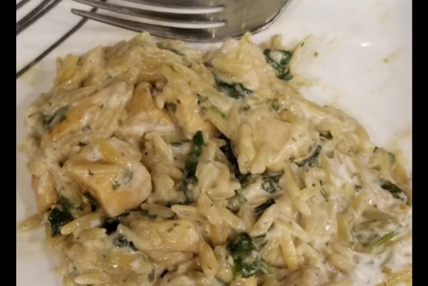 chicken, spinach, orzo, veggie dip, mix, blend, spice, unique, recipe, greek yogurt, minnesota, cozy, meal, dinner, easy